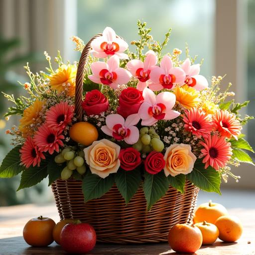 Подарочная корзина с цветами и фруктами