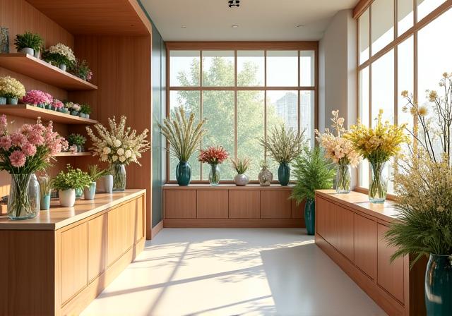 Интерьер цветочного магазина River Petal с вазами и цветами